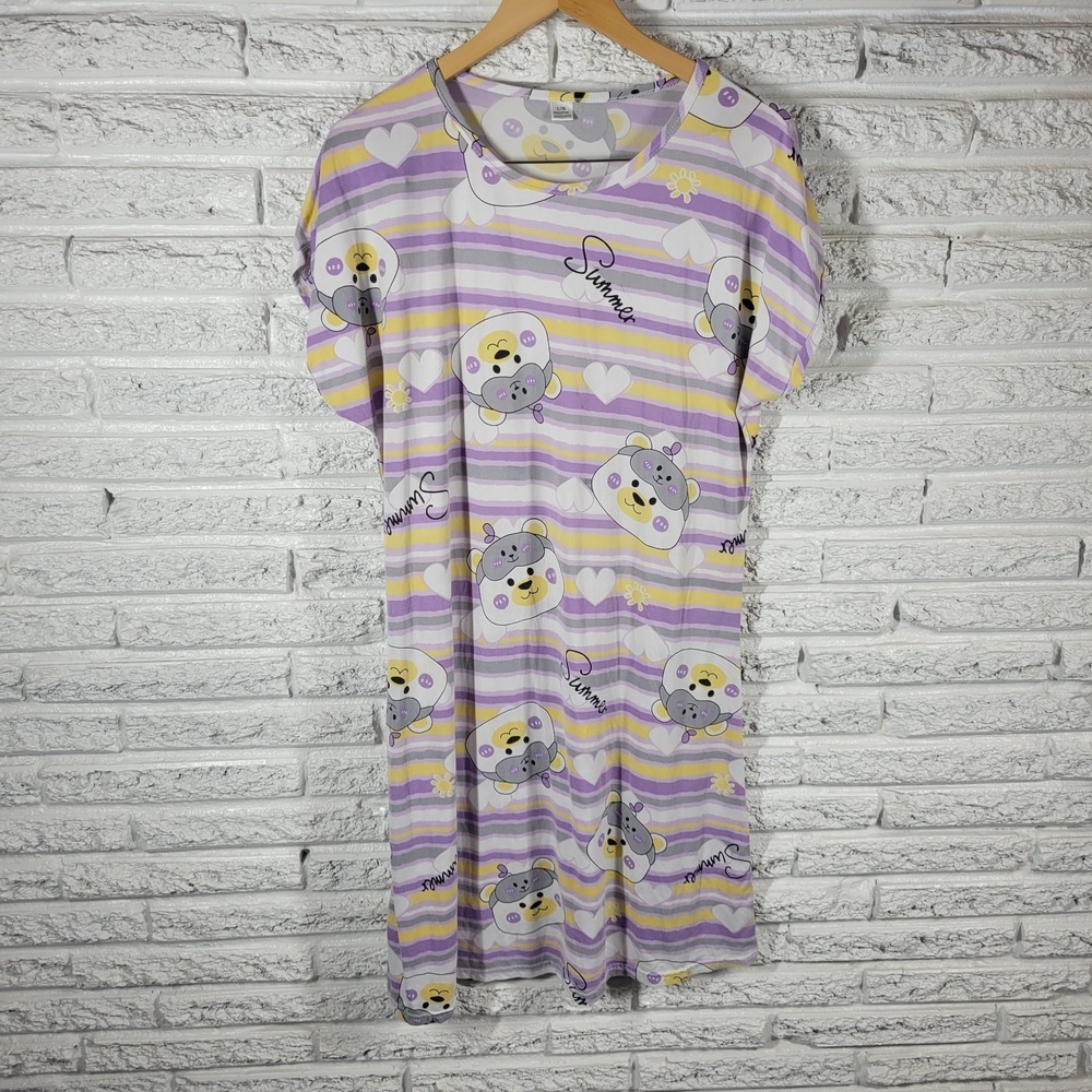Cute Bear Striped Nightgown Womens L/XL Summer Sleep Shirt Purple Yellow Hearts